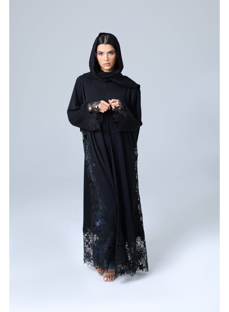 IKKXA Open Lace Design Sleeves and Sides Abaya ABY1143 Black - Image 4